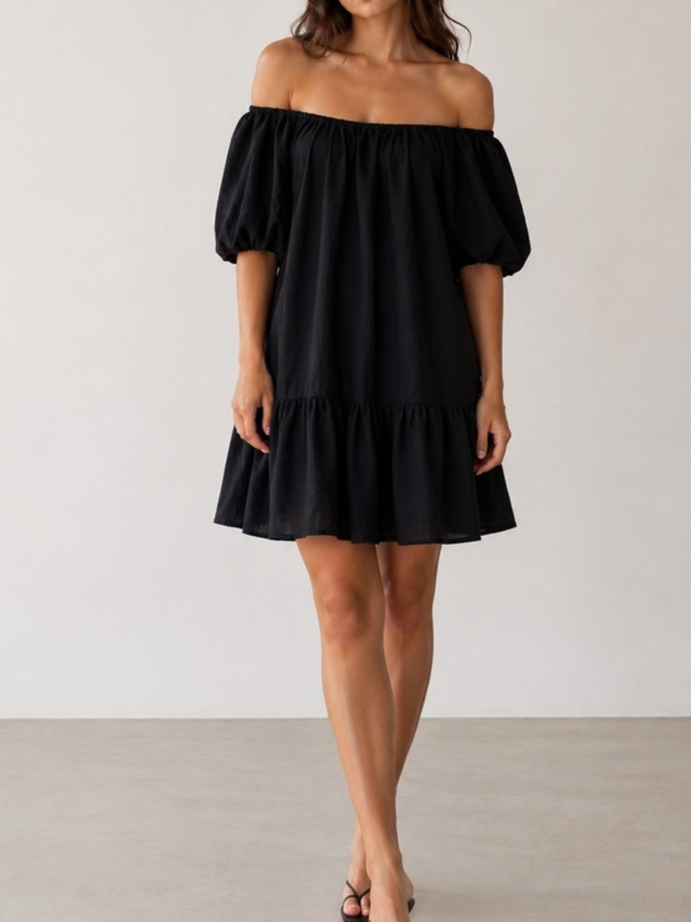 Tommy Bahama Black St. Lucia Linen Off Shoulder Vacation Resortwear Mini Dress